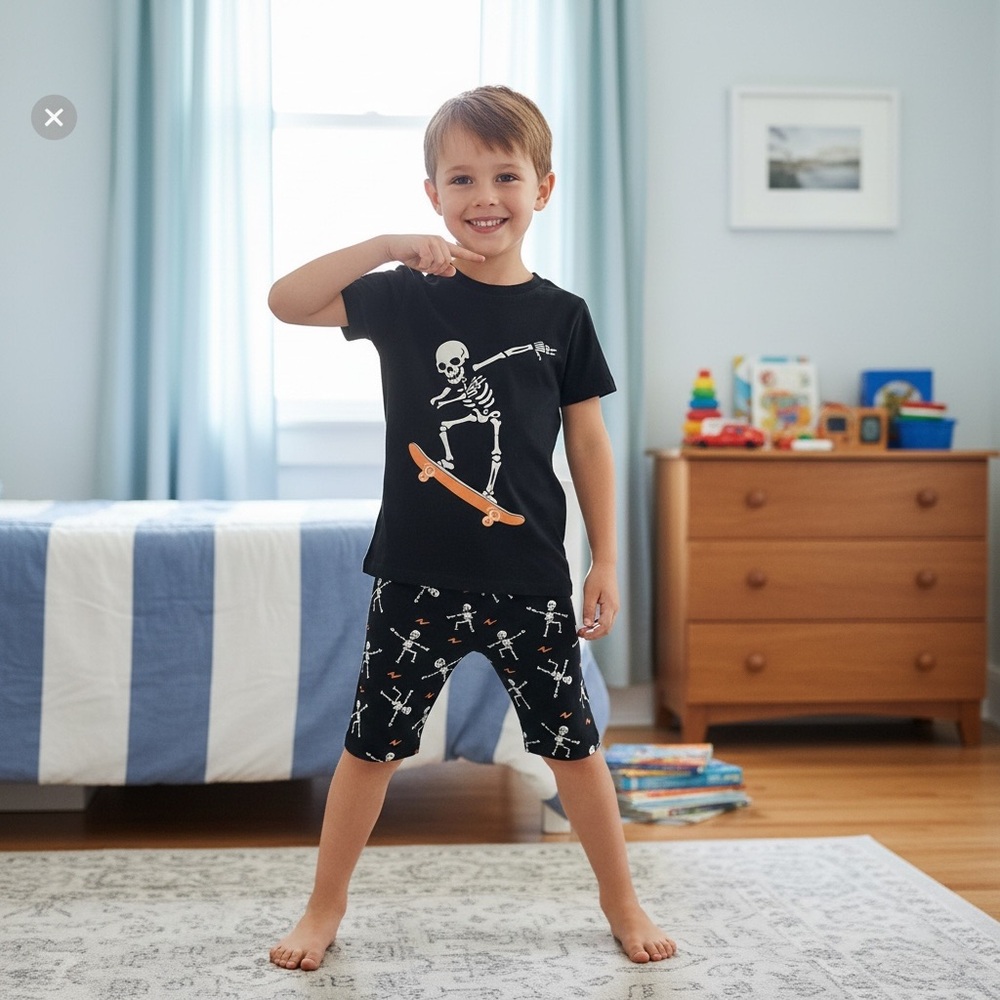 PAJAMAS Skeleton Skateboard Graphic Tee and Pants Set Kids Glow in the dark